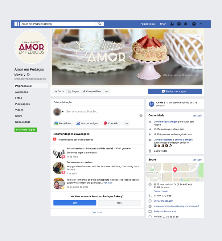 Aplicao logo AMor em pedaoes Erikas Bakery em pagina de facebook